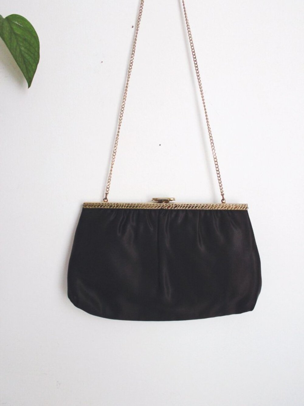 Vintage Black Satin Evening Bag Clutch Purse Cocktail Gold Chain Strap Mardane U
